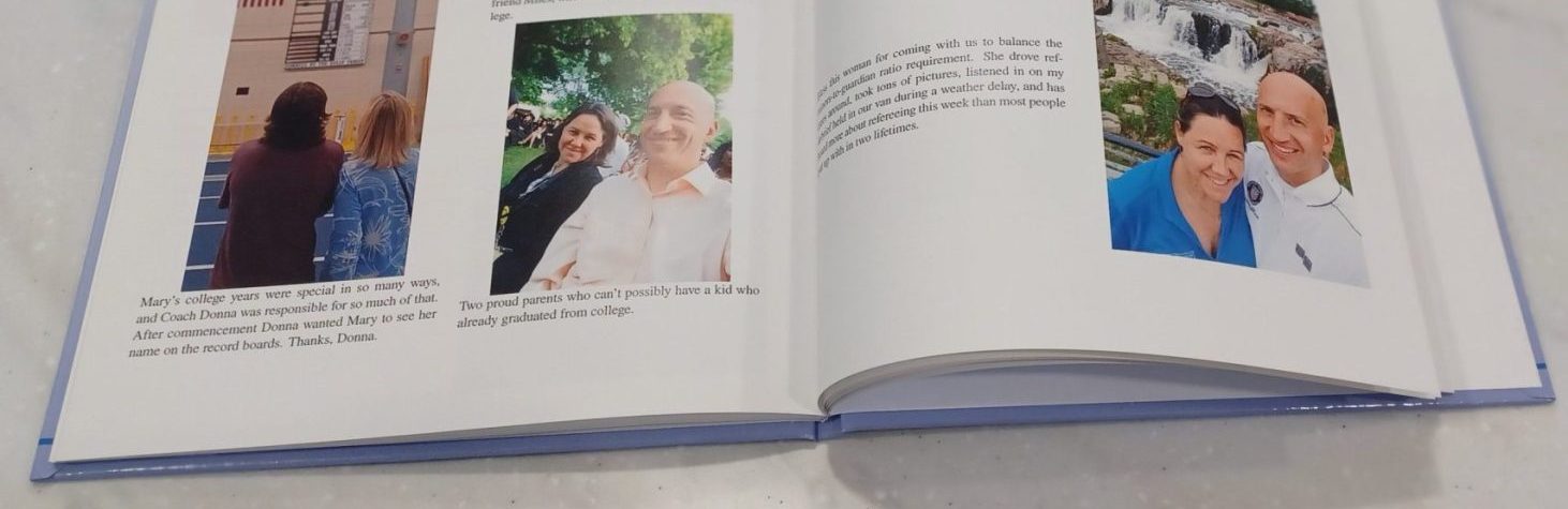 Bottom of two pages from a Recap Book showing layout of pictures and captions from facebook.