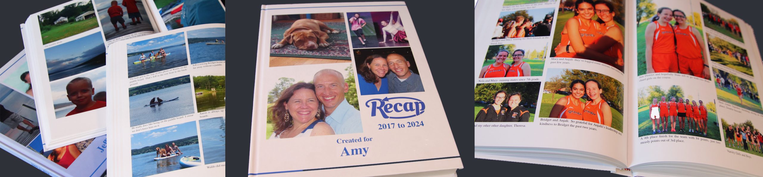 Recap Books banner with stack of books, cover of book, and open book to show layout